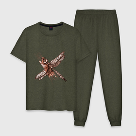 Мужская пижама хлопок с принтом Медная стрекоза в Екатеринбурге, 100% хлопок | брюки и футболка прямого кроя, без карманов, на брюках мягкая резинка на поясе и по низу штанин
 | dragonfly | графика | крылья | летать | медный | насекомое | рисунок | стрекоза