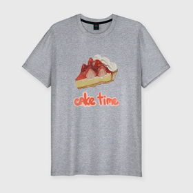 Мужская футболка хлопок Slim с принтом Cake time! в Екатеринбурге, 92% хлопок, 8% лайкра | приталенный силуэт, круглый вырез ворота, длина до линии бедра, короткий рукав | вкусняшка | еда | рисунок | розовый | торт
