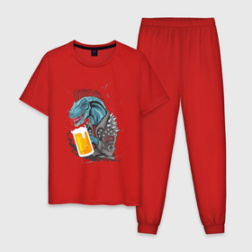 Мужская пижама хлопок с принтом Пивозавр - Гранж в Санкт-Петербурге, 100% хлопок | брюки и футболка прямого кроя, без карманов, на брюках мягкая резинка на поясе и по низу штанин
 | Тематика изображения на принте: dinosaur | pivo | pivozavr | гранж | динозавр | прикол