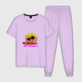 Мужская пижама хлопок с принтом Retrowave style 2 в Тюмени, 100% хлопок | брюки и футболка прямого кроя, без карманов, на брюках мягкая резинка на поясе и по низу штанин
 | lamborghini | palms | retrowave | sunset | закат | ламборгини | машина | ретровейв