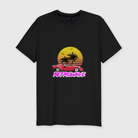 Мужская футболка хлопок Slim с принтом Retrowave style 2 в Тюмени, 92% хлопок, 8% лайкра | приталенный силуэт, круглый вырез ворота, длина до линии бедра, короткий рукав | lamborghini | palms | retrowave | sunset | закат | ламборгини | машина | ретровейв