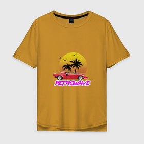 Мужская футболка хлопок Oversize с принтом Retrowave style 2 , 100% хлопок | свободный крой, круглый ворот, “спинка” длиннее передней части | lamborghini | palms | retrowave | sunset | закат | ламборгини | машина | ретровейв