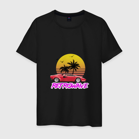 Мужская футболка хлопок с принтом Retrowave style 2 , 100% хлопок | прямой крой, круглый вырез горловины, длина до линии бедер, слегка спущенное плечо. | lamborghini | palms | retrowave | sunset | закат | ламборгини | машина | ретровейв
