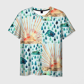 Мужская футболка 3D с принтом Осенний паттерн: Дождь и солнце в Курске, 100% полиэфир | прямой крой, круглый вырез горловины, длина до линии бедер | 3d | blue | clouds | overcast | rain | raindrops | sun | sunset | watercolor | weather | акварель | дизайн | дождливый | дождь | закат | капли | коллаж | лучи | непогода | облака | осенний | осень | паттерн | погода | рассвет | синий
