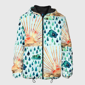 Мужская куртка 3D с принтом Осенний паттерн: Дождь и солнце в Екатеринбурге, ткань верха — 100% полиэстер, подклад — флис | прямой крой, подол и капюшон оформлены резинкой с фиксаторами, два кармана без застежек по бокам, один большой потайной карман на груди. Карман на груди застегивается на липучку | 3d | blue | clouds | overcast | rain | raindrops | sun | sunset | watercolor | weather | акварель | дизайн | дождливый | дождь | закат | капли | коллаж | лучи | непогода | облака | осенний | осень | паттерн | погода | рассвет | синий