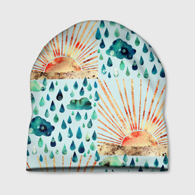 Шапка 3D с принтом Осенний паттерн: Дождь и солнце в Белгороде, 100% полиэстер | универсальный размер, печать по всей поверхности изделия | Тематика изображения на принте: 3d | blue | clouds | overcast | rain | raindrops | sun | sunset | watercolor | weather | акварель | дизайн | дождливый | дождь | закат | капли | коллаж | лучи | непогода | облака | осенний | осень | паттерн | погода | рассвет | синий
