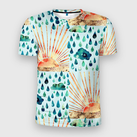 Мужская футболка 3D спортивная с принтом Осенний паттерн: Дождь и солнце в Курске, 100% полиэстер с улучшенными характеристиками | приталенный силуэт, круглая горловина, широкие плечи, сужается к линии бедра | 3d | blue | clouds | overcast | rain | raindrops | sun | sunset | watercolor | weather | акварель | дизайн | дождливый | дождь | закат | капли | коллаж | лучи | непогода | облака | осенний | осень | паттерн | погода | рассвет | синий