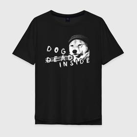 Мужская футболка хлопок Oversize с принтом DOG INSIDE SF в Белгороде, 100% хлопок | свободный крой, круглый ворот, “спинка” длиннее передней части | dead inside | внутри | грустный | мертвый внутри | пес | собака | шапка
