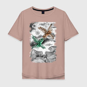 Мужская футболка хлопок Oversize с принтом Между небом и землей. Стрекозы в Тюмени, 100% хлопок | свободный крой, круглый ворот, “спинка” длиннее передней части | abstraction | dragonfly | fantasy | graphics | lines | абстракция | графика | изумрудный | линии | медный | стрекоза | фантазия | эзотерика