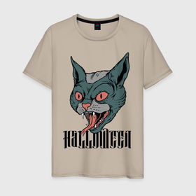 Мужская футболка хлопок с принтом Halloween в Белгороде, 100% хлопок | прямой крой, круглый вырез горловины, длина до линии бедер, слегка спущенное плечо. | cat | eyes | fangs | halloween | holiday | horror | hype | jaw | kitten | moustache | muzzle | tongue | глаза | клыки | кот | котёнок | кошка | пасть | праздник | ужас | усы | хэллоуин