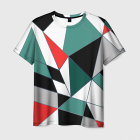 Мужская футболка 3D с принтом Абстрактный геометрический в Курске, 100% полиэфир | прямой крой, круглый вырез горловины, длина до линии бедер | абстрактный | ассиметрия | красный | молодежный | полигональный | разноцветный | современный | темный бирюзовый | черный