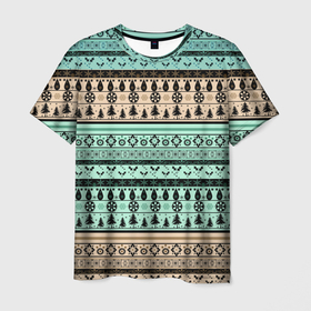 Мужская футболка 3D с принтом Новогодний зимний орнамент в Тюмени, 100% полиэфир | прямой крой, круглый вырез горловины, длина до линии бедер | бирюзовые полосы | коричневый и бирюзовый | орнамент | полосы | рождественский | скандинавский узор | этнический