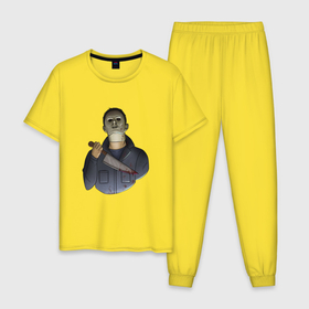 Мужская пижама хлопок с принтом Майкл Dead by daylight в Курске, 100% хлопок | брюки и футболка прямого кроя, без карманов, на брюках мягкая резинка на поясе и по низу штанин
 | killer | michael myers | майкл майерс