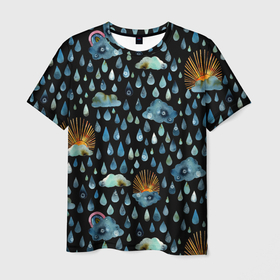 Мужская футболка 3D с принтом Дождливая осень.Солнце, облака в Белгороде, 100% полиэфир | прямой крой, круглый вырез горловины, длина до линии бедер | autumn | pattern | raibow | rain | raindrops | sun | watercolor | акварель | дизайн | дождливый | дождь | закат | капли | коллаж | ливень | морось | непогода | облака | осень | паттерн | погода | природа | радуга | рассвет | солнце