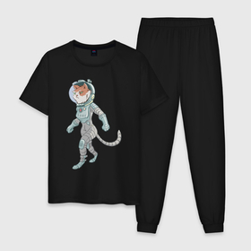 Мужская пижама хлопок с принтом Рыжий космонавт в Новосибирске, 100% хлопок | брюки и футболка прямого кроя, без карманов, на брюках мягкая резинка на поясе и по низу штанин
 | арт | астронавт | космонавт | космос | кот | котейка | кошка | рисунок | рыжая кошка | рыжий кот | скафандр