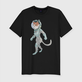 Мужская футболка хлопок Slim с принтом Рыжий космонавт в Новосибирске, 92% хлопок, 8% лайкра | приталенный силуэт, круглый вырез ворота, длина до линии бедра, короткий рукав | арт | астронавт | космонавт | космос | кот | котейка | кошка | рисунок | рыжая кошка | рыжий кот | скафандр