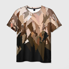 Мужская футболка 3D с принтом Бежево-коричневая мозаика  в Санкт-Петербурге, 100% полиэфир | прямой крой, круглый вырез горловины, длина до линии бедер | абстрактный | бежевый | камуфляж | коричневый | мозаика | молодежный | мужской | современный | соты | текстура