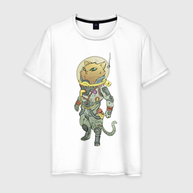 Мужская футболка хлопок с принтом Рыжий космонавт , 100% хлопок | прямой крой, круглый вырез горловины, длина до линии бедер, слегка спущенное плечо. | арт | астронавт | военный | военный космонавт | космонавт | космос | кот | котейка | кошка | рисунок | рыжая кошка | рыжий кот | рыжик | скафандр