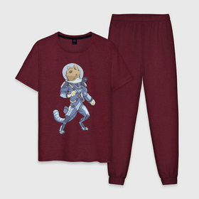 Мужская пижама хлопок с принтом Рыжий космонавт в Новосибирске, 100% хлопок | брюки и футболка прямого кроя, без карманов, на брюках мягкая резинка на поясе и по низу штанин
 | арт | астронавт | космонавт | космос | кот | кот астронавт | кот космонавт | котейка | кошка | рисунок | рыжая кошка | рыжий кот | скафандр