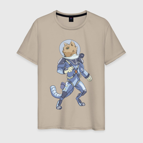 Мужская футболка хлопок с принтом Рыжий космонавт , 100% хлопок | прямой крой, круглый вырез горловины, длина до линии бедер, слегка спущенное плечо. | арт | астронавт | космонавт | космос | кот | кот астронавт | кот космонавт | котейка | кошка | рисунок | рыжая кошка | рыжий кот | скафандр