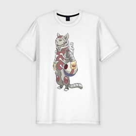 Мужская футболка хлопок Slim с принтом К полёту - готов в Новосибирске, 92% хлопок, 8% лайкра | приталенный силуэт, круглый вырез ворота, длина до линии бедра, короткий рукав | Тематика изображения на принте: арт | астронавт | белая кошка | белый кот | космонавт | космос | кот | котейка | кошка | рисунок | скафандр
