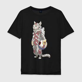 Мужская футболка хлопок Oversize с принтом К полёту - готов в Петрозаводске, 100% хлопок | свободный крой, круглый ворот, “спинка” длиннее передней части | арт | астронавт | белая кошка | белый кот | космонавт | космос | кот | котейка | кошка | рисунок | скафандр