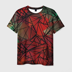 Мужская футболка 3D с принтом Абстрактный геометрический  в Тюмени, 100% полиэфир | прямой крой, круглый вырез горловины, длина до линии бедер | Тематика изображения на принте: абстрактный | геометрический | зеленый | красный | линии | молодежный | полигональный | современный