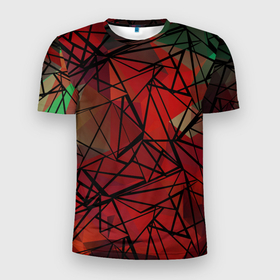 Мужская футболка 3D спортивная с принтом Абстрактный геометрический  в Тюмени, 100% полиэстер с улучшенными характеристиками | приталенный силуэт, круглая горловина, широкие плечи, сужается к линии бедра | Тематика изображения на принте: абстрактный | геометрический | зеленый | красный | линии | молодежный | полигональный | современный