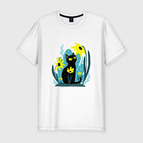 Мужская футболка хлопок Slim с принтом Кот и цветок в Белгороде, 92% хлопок, 8% лайкра | приталенный силуэт, круглый вырез ворота, длина до линии бедра, короткий рукав | арт | жёлтые цветы | жёлтый цветок | космос | кот | котейка | кошка | полевой цветок | полевые цветы | пчела | рисунок | цветок | цветы | чёрная кошка | чёрный кот | чёрный котейка