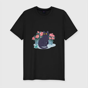 Мужская футболка хлопок Slim с принтом Кот, лягушка и клумба в Белгороде, 92% хлопок, 8% лайкра | приталенный силуэт, круглый вырез ворота, длина до линии бедра, короткий рукав | арт | клумба | космос | кот | котейка | кошка | лягушка | рисунок | розовые цветы | розовый цветок | цветы | чёрная кошка | чёрный кот