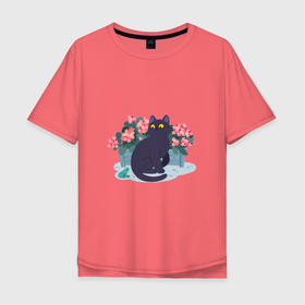 Мужская футболка хлопок Oversize с принтом Кот, лягушка и клумба в Петрозаводске, 100% хлопок | свободный крой, круглый ворот, “спинка” длиннее передней части | арт | клумба | космос | кот | котейка | кошка | лягушка | рисунок | розовые цветы | розовый цветок | цветы | чёрная кошка | чёрный кот