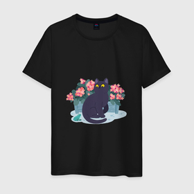 Мужская футболка хлопок с принтом Кот, лягушка и клумба в Екатеринбурге, 100% хлопок | прямой крой, круглый вырез горловины, длина до линии бедер, слегка спущенное плечо. | арт | клумба | космос | кот | котейка | кошка | лягушка | рисунок | розовые цветы | розовый цветок | цветы | чёрная кошка | чёрный кот