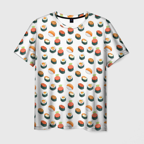 Мужская футболка 3D с принтом Sushi в Екатеринбурге, 100% полиэфир | прямой крой, круглый вырез горловины, длина до линии бедер | Тематика изображения на принте: sushi | еда | икра | лосось | рис | роллы | рыба | суши