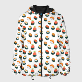 Мужская куртка 3D с принтом Sushi в Белгороде, ткань верха — 100% полиэстер, подклад — флис | прямой крой, подол и капюшон оформлены резинкой с фиксаторами, два кармана без застежек по бокам, один большой потайной карман на груди. Карман на груди застегивается на липучку | Тематика изображения на принте: sushi | еда | икра | лосось | рис | роллы | рыба | суши