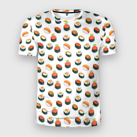 Мужская футболка 3D спортивная с принтом Sushi в Екатеринбурге, 100% полиэстер с улучшенными характеристиками | приталенный силуэт, круглая горловина, широкие плечи, сужается к линии бедра | Тематика изображения на принте: sushi | еда | икра | лосось | рис | роллы | рыба | суши