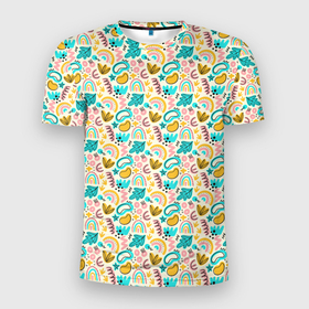 Мужская футболка 3D Slim с принтом Childrens motives , 100% полиэстер с улучшенными характеристиками | приталенный силуэт, круглая горловина, широкие плечи, сужается к линии бедра | абстракция | детский принт | для детей | летний принт | листья | фрукты | цветной | яркий