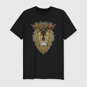 Мужская футболка хлопок Slim с принтом Лев - Король в Петрозаводске, 92% хлопок, 8% лайкра | приталенный силуэт, круглый вырез ворота, длина до линии бедра, короткий рукав | animal | cat | lion | африка | животные | зверь | король | кот | кошка | лев | львенок | львица | тигр | хищник | царь