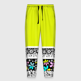 Мужские брюки 3D с принтом Яркий цветочный узор  в Тюмени, 100% полиэстер | манжеты по низу, эластичный пояс регулируется шнурком, по бокам два кармана без застежек, внутренняя часть кармана из мелкой сетки | абстрактный | для детей | зеленый | неоновый зеленый | разноцветный | современный | цветочный узор