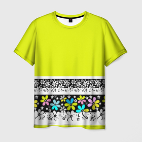 Мужская футболка 3D с принтом Яркий цветочный узор  в Курске, 100% полиэфир | прямой крой, круглый вырез горловины, длина до линии бедер | абстрактный | для детей | зеленый | неоновый зеленый | разноцветный | современный | цветочный узор