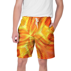Мужские шорты 3D с принтом Желто-оранжевая абстракция  в Белгороде,  полиэстер 100% | прямой крой, два кармана без застежек по бокам. Мягкая трикотажная резинка на поясе, внутри которой широкие завязки. Длина чуть выше колен | желто оранжевый | желтый | зигзаги | иллюзия | креативный | летний | осенний | фентези