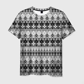 Мужская футболка 3D с принтом Черно-белый орнамент  в Белгороде, 100% полиэфир | прямой крой, круглый вырез горловины, длина до линии бедер | молодежный | мужской | орнамент | полосы | скандинавский | современный | черно белый | этнический