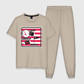 Мужская пижама хлопок с принтом Американский футбол , 100% хлопок | брюки и футболка прямого кроя, без карманов, на брюках мягкая резинка на поясе и по низу штанин
 | америка | иллюстрация | клуб | красный | красный и черный | мяч | полосатый | популярный | современный | спорт