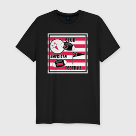 Мужская футболка хлопок Slim с принтом Американский футбол в Белгороде, 92% хлопок, 8% лайкра | приталенный силуэт, круглый вырез ворота, длина до линии бедра, короткий рукав | америка | иллюстрация | клуб | красный | красный и черный | мяч | полосатый | популярный | современный | спорт