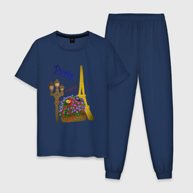 Мужская пижама хлопок с принтом Кусочек Парижа в Тюмени, 100% хлопок | брюки и футболка прямого кроя, без карманов, на брюках мягкая резинка на поясе и по низу штанин
 | . | велик | велосипед | виласипед | города | любовь | мерцание | надписи | париж | путешествие | романтика | текст | фонарь | франция | цветы | эйфелева башня