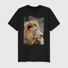 Мужская футболка хлопок Slim с принтом Лев царь зверей в Санкт-Петербурге, 92% хлопок, 8% лайкра | приталенный силуэт, круглый вырез ворота, длина до линии бедра, короткий рукав | animal | king | lion | дикая кошка | дикий кот | животные | лев