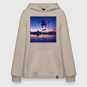Худи SuperOversize хлопок с принтом Скейт в Курске, 70% хлопок, 30% полиэстер, мягкий начес внутри | карман-кенгуру, эластичная резинка на манжетах и по нижней кромке, двухслойный капюшон
 | деревья | закат | луна | скейт | фонари | экстремальный спорт