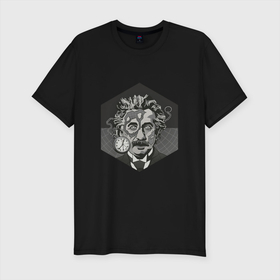 Мужская футболка хлопок Slim с принтом Альберт Эйнштейн в Екатеринбурге, 92% хлопок, 8% лайкра | приталенный силуэт, круглый вырез ворота, длина до линии бедра, короткий рукав | арт | время | рисунок | учёный | часы | чёрно белый | черно белый рисунок | эйнштейн