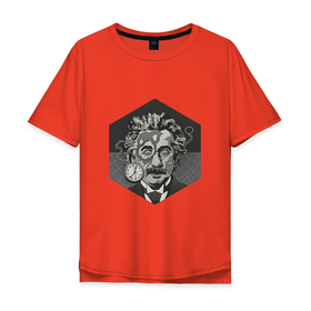 Мужская футболка хлопок Oversize с принтом Альберт Эйнштейн , 100% хлопок | свободный крой, круглый ворот, “спинка” длиннее передней части | Тематика изображения на принте: арт | время | рисунок | учёный | часы | чёрно белый | черно белый рисунок | эйнштейн