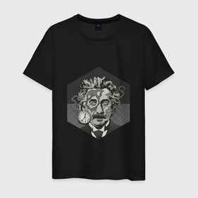 Мужская футболка хлопок с принтом Альберт Эйнштейн в Петрозаводске, 100% хлопок | прямой крой, круглый вырез горловины, длина до линии бедер, слегка спущенное плечо. | арт | время | рисунок | учёный | часы | чёрно белый | черно белый рисунок | эйнштейн