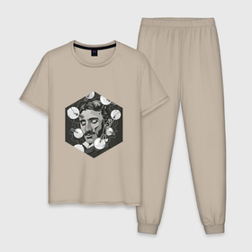 Мужская пижама хлопок с принтом Никола Тесла , 100% хлопок | брюки и футболка прямого кроя, без карманов, на брюках мягкая резинка на поясе и по низу штанин
 | арт | лампочка | лампочки | никола тесла | рисунок | тесла | учёный | чёрно белый | черно белый рисунок | электричество